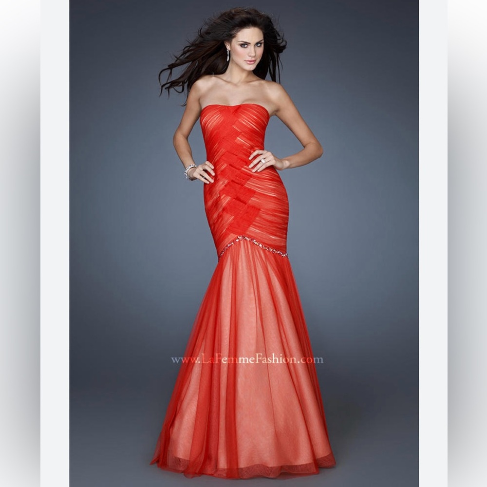 Like New La Femme Orange Sexy Red Strapless Rhinestone Gauze Chic Dress 2